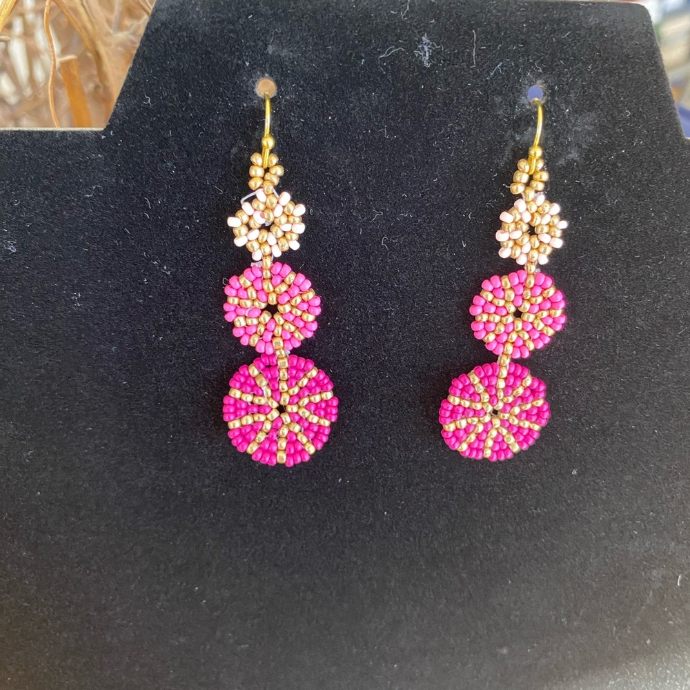 Pink Beaded Triple-Drop Earrings